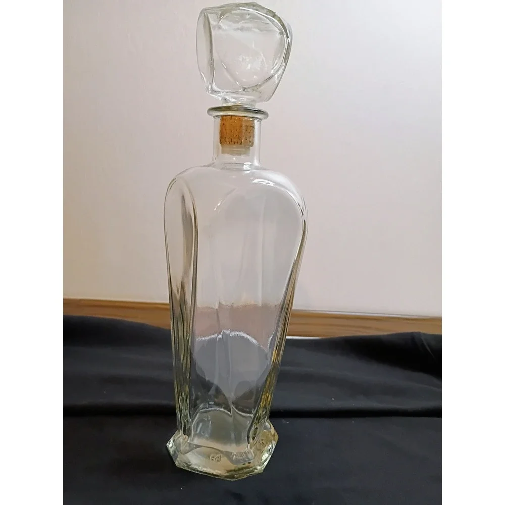 Clear Glass Decanter Bottle with Cork Stopper and Unique Geometric Design